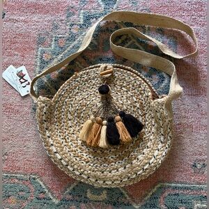 Braided Round Crossbody Bag with Tassels